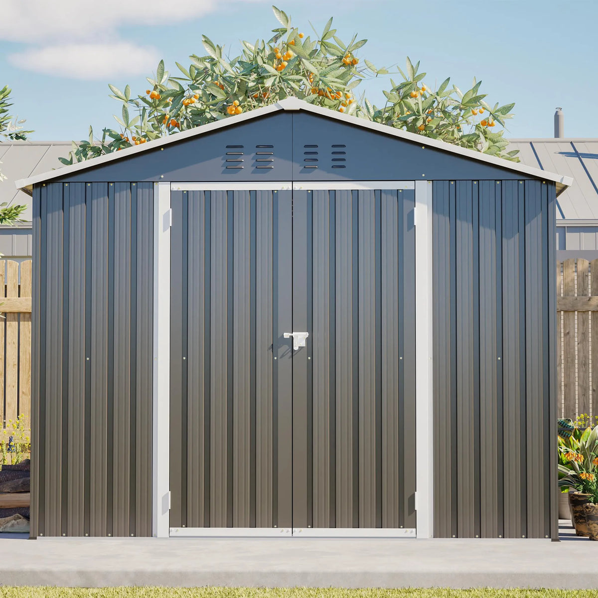 Abri de jardin métallique 240 x 192,3 x 191 cm avec larges portes coulissantes, 4 ouvertures de ventilation, verrouillable, toit et fond inclinés.