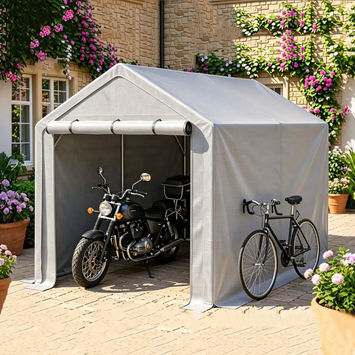 Abri de garage 296 x 190 x 200 cm, structure en acier galvanisé, bâche PE 170 g/m², porte enroulable avec fermeture éclair, imperméable et résistante aux UV, gris foncé