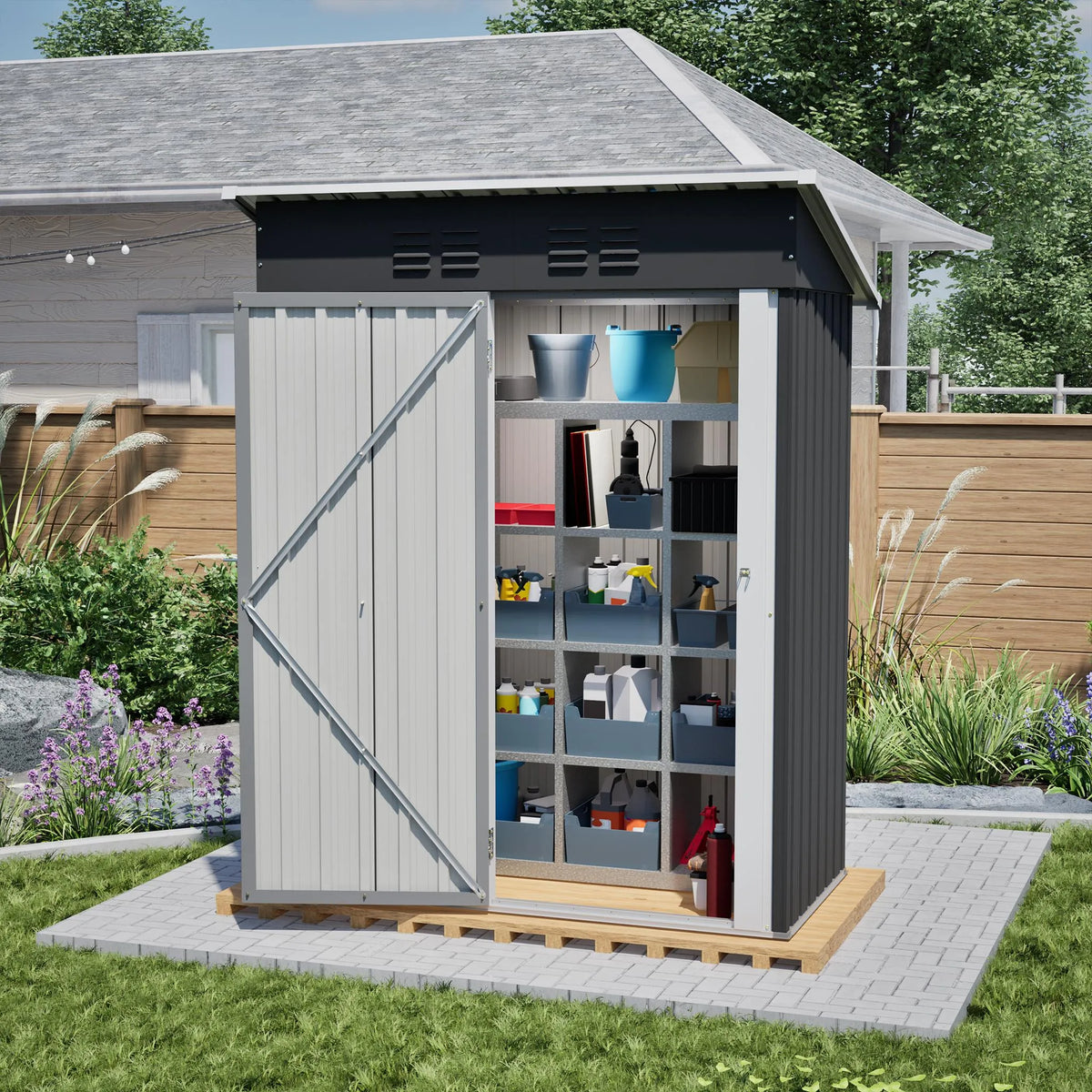 Abri de jardin 152,2 x 83,6 x 182 cm, 1,27 m², en acier thermolaqué, porte métallique verrouillable, sans fenêtres, toit plat, noir