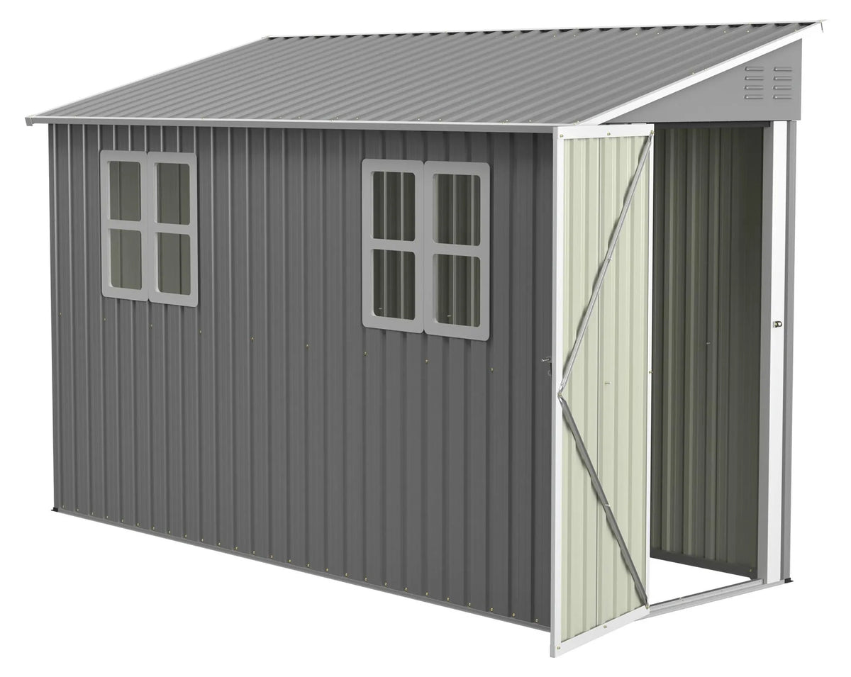 Abri de jardin métallique 291 × 110,8 × 188,6 cm, modèle adossé réversible (montage gauche/droite), porte verrouillable, 2 fenêtres, kit toit et plancher, acier galvanisé