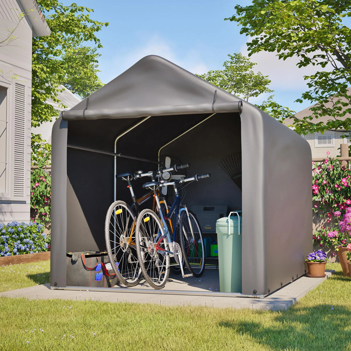 Abri à vélos 160 x 220 x 165 cm, bâche imperméable en PE, structure tubulaire en acier, porte enroulable, 2 ouvertures de ventilation, 8 supports, gris