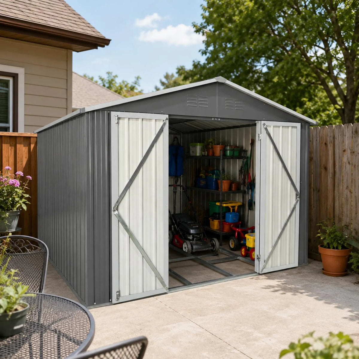 Abri de jardin 3 x 2,4 m (10 x 8 pi) en acier galvanisé, 7,46 m² (10 x 8 pi), toit à deux pans, double porte, fentes d'aération, châssis, gris