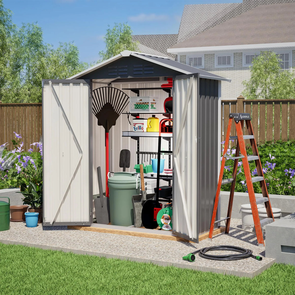 Abri de jardin 154 x 83 x 180 cm en tôle d'acier galvanisée, avec ouvertures de ventilation, fondation métallique et porte verrouillable, pour outils de jardin et vélos, gris