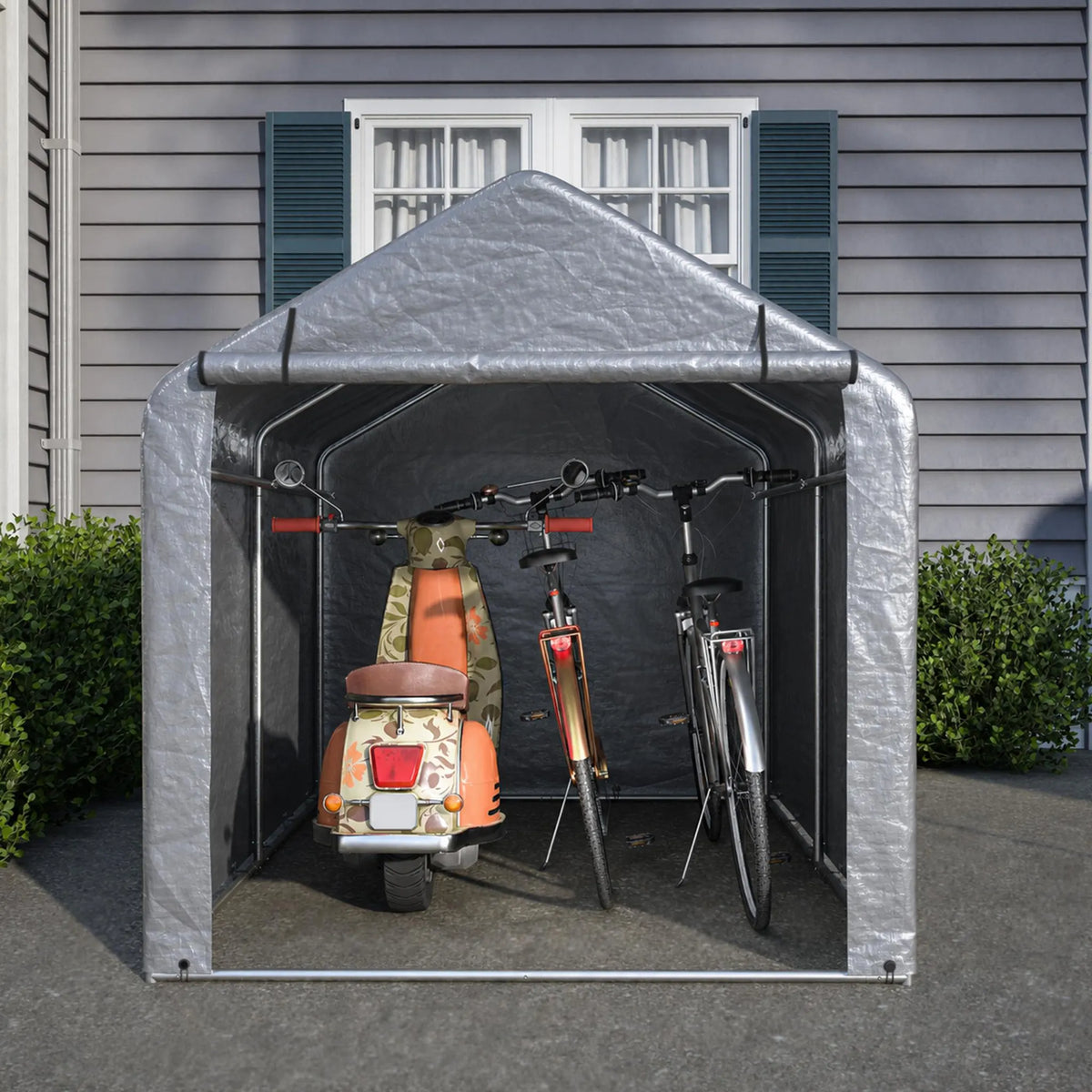 Abri à vélos 160 x 220 x 165 cm, bâche PE imperméable, structure en acier thermolaqué, porte sectionnelle, 8 supports, gris