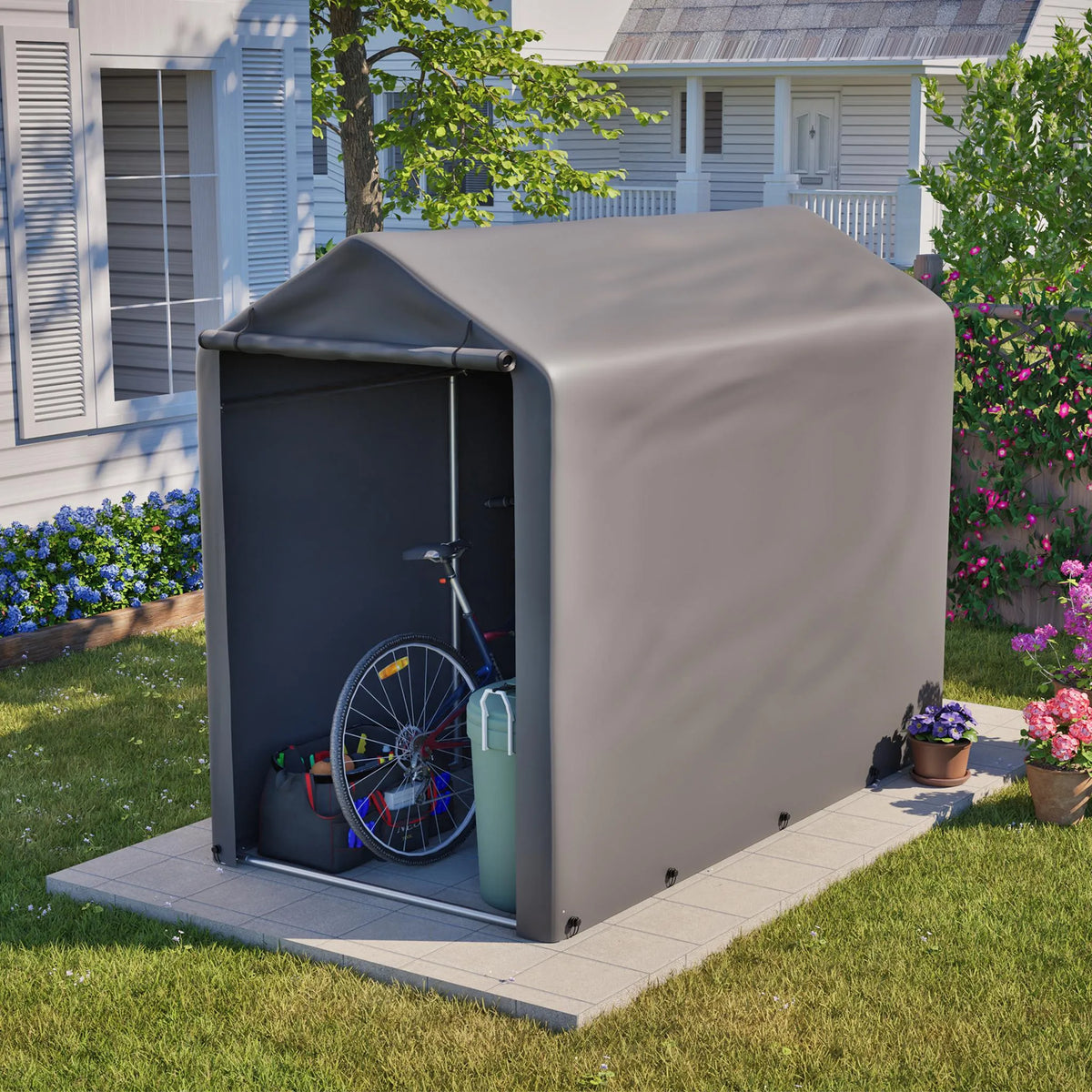 Abri à vélos 187 x 100 x 160 cm, bâche PE imperméable 170 g/m², structure en acier galvanisé, porte zippée, cadre de fondation, gris foncé