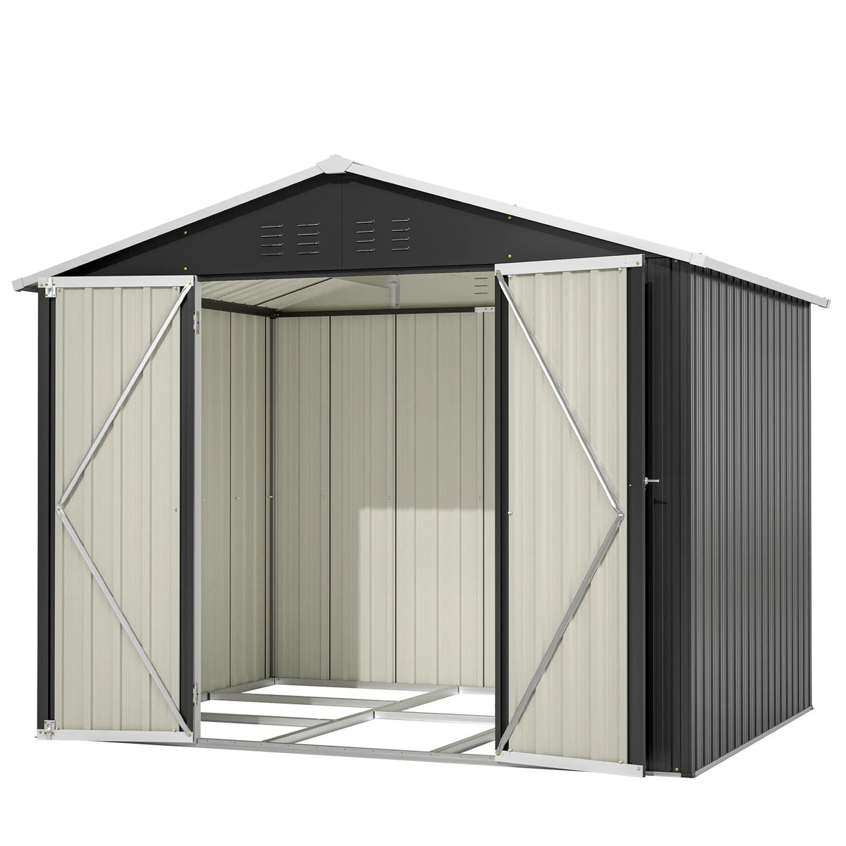 Abri de jardin métallique 240 x 192,3 x 191 cm avec larges portes coulissantes, 4 ouvertures de ventilation, verrouillable, toit et fond inclinés.